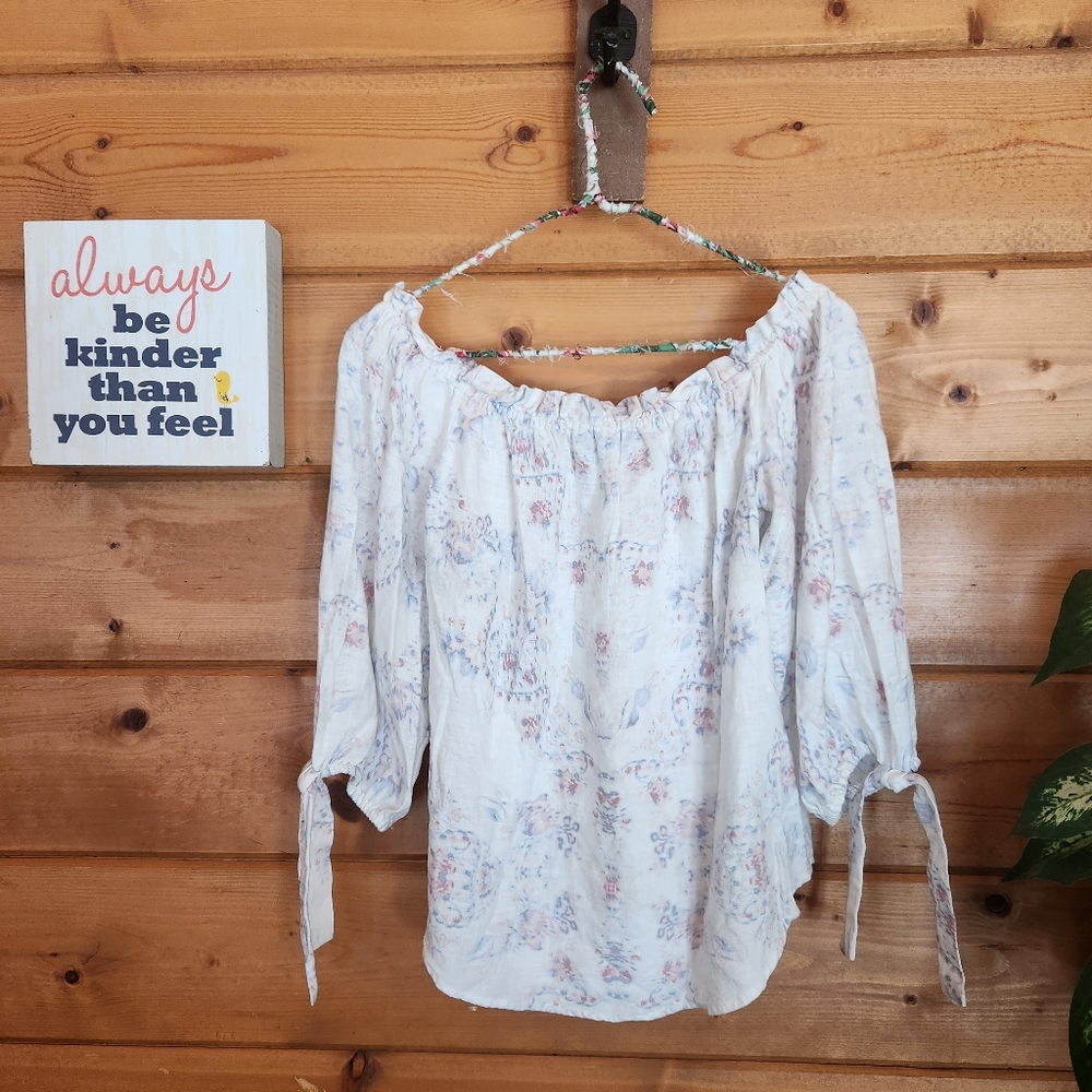 BCBGMAXAZRIA 💜 Gardenia Garden Off Shoulder Floral Top Linen Blend Boho Shirt M